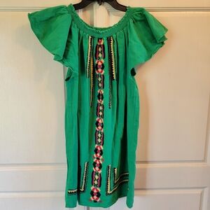 Piper By Townsen Green Pink Black Embroidered Off The Shoulder Dress